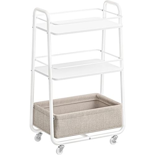 VASAGLE LILEA Collection - Storage Cart with Fabric Basket, 3-Tier Rolling Utility Cart with Wheels and Shelves, for Living Room Bedroom Kitchen, Cloud White and Camel Brown ULRC001WB01