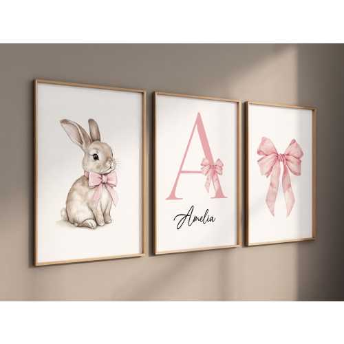 Bunny Nursery Art Set: Pink Bow, Personalized Name Initial Print