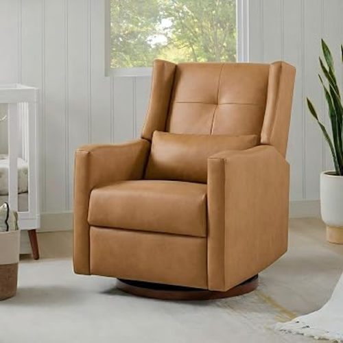 KISLOT Faux Leather Recliner Swivel Glider, 360° Rotation Nursery Chair Upholstered Reclining Rocker with Wood Base for Living Room Bedroom Nursery