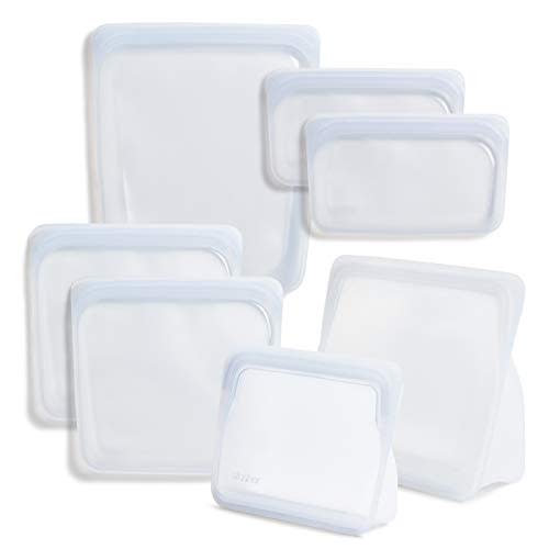 Stasher Silicone Reusable Storage Bag, Bundle 7-Pack (Clear) | Food Meal Prep Storage Container | Lunch, Travel, Makeup, Gym Bag | Freezer, Oven, Microwave, Dishwasher Safe, Leakproof
