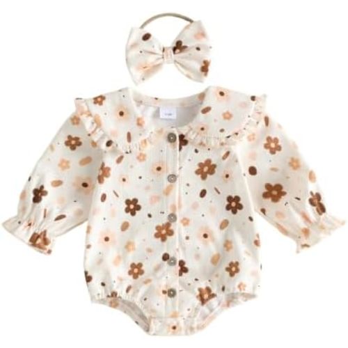 Baby Girl Bubble Romper Ruffle Peter Pan Collar Onesie Fall Newborn Outfit