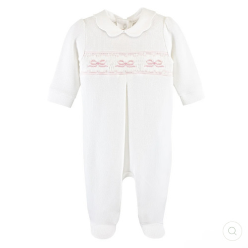 English Knot Smocked Footie- White/Pink