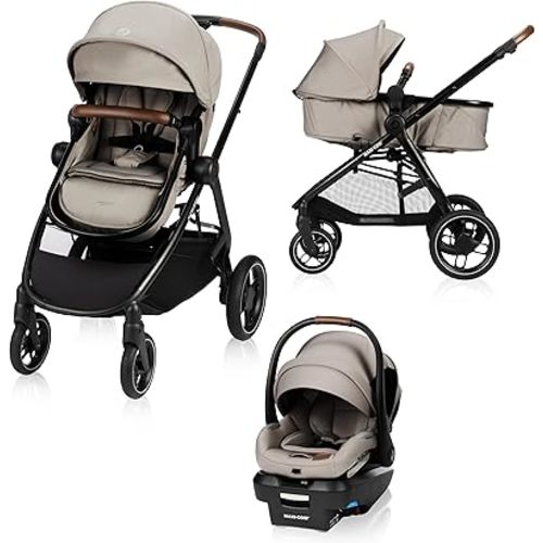 Maxi-Cosi New Generation Zelia Luxe 5-in-1 Modular Travel System, Carriage Mode, Reversible Toddler Seat, Mico Infant Car Seat (included), Enhanced All-Terrain Wheels, Use from Birth – New Hope Tan