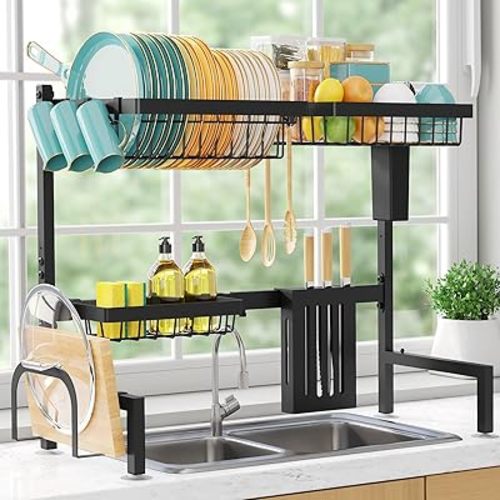 Sakugi Over The Sink Dish Drying Rack - Adjustable 2 Tier Large Capacity Stainless Steel Drainer with Cutlery & Utensil Holders, Kitchen Storage & Organization, 30"-33.9" L x 11" W x 21.5" H, Black