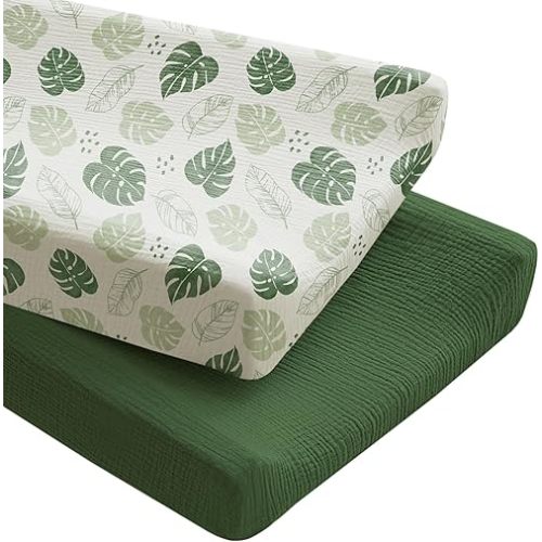 Konssy 2 Pack Muslin Changing Pad Covers for Boys, Ultra Soft & Breathable Cotton Baby Diaper Changing Table Covers, Neutral Nursery Diaper Changing Pad Sheets (Sage Green,Leaf)