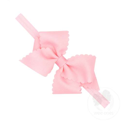 Extra Small Scalloped Edge Grosgrain Hair Bow on Matching Elastic Band - LT PINK / NEWBORN (0-6 MONTHS) | Wee Ones Hair Bows & Accessories