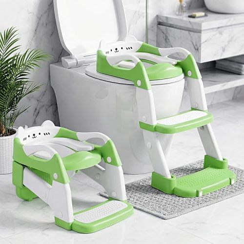 Orzbow Potty Training Seat with Step Stool, Toddler Toilet Seat with Ladder | 5 Height Adjustable, Safety Handles, Non-Slip Base, Splash Guard for Kids Boys Girls, Fits Most Toilets, Green