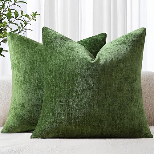 decorUhome Chenille Moss Green Fall Throw Pillow Covers 18x18 Inch Set of 2, Decorative Soft Couch Pillow Covers Solid Dyed Accent Farmhouse Neutral Square Christmas Pillow Cases for Sofa Living Room