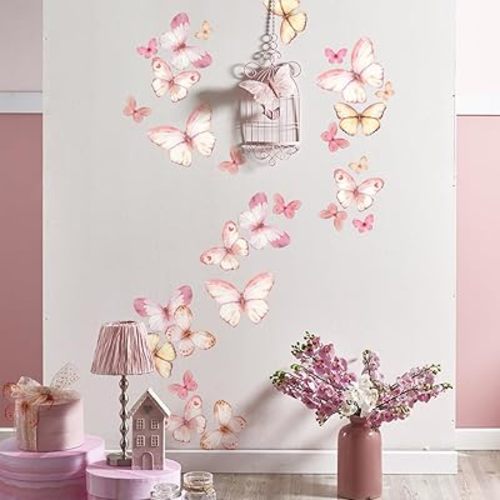 Pink Butterflies Wall Decals，DIY Watercolor Butterfly Art Wall Stickers，for Nursery Bedroom Kitchen Classroom Decor Removable Peel and Stick Indoor Wall Decor