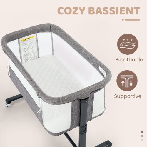 Kinder King Baby Bassinet with Wheels, Portable Newborn Bedside Sleeper, All-Sided Mesh Infant Crib with Removable Soft Mattress, Grey