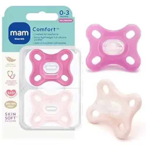 MAM Comfort Baby Pacifier 0-3 Mths Lightweight One-Piece Silicone 2 Pack