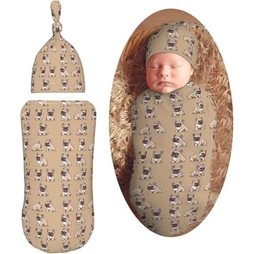 Brown French Bulldog Newborn Swaddle Blankets Hat Sets Soft Baby Receiving Blanket Swaddle Sack for Baby Shower Infant Boy Girl Gift