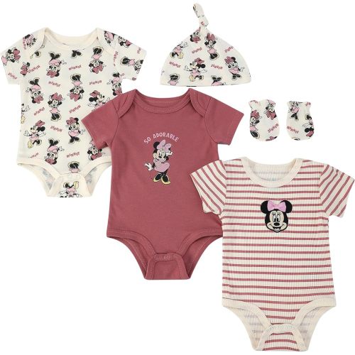 Magic Threadz Clothes Baby Girls 3-Pack Bodysuit Set with Hat and Mittens – Soft Cotton Minnie & Pooh Outfits (0M–9M)