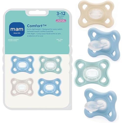 MAM Comfort Baby Pacifiers 3-12 Months Babies, Lightweight One-Piece Full Silicone Binky, BPA-Free Nipple, Easy to Clean Pacifier, Best for Breastfed Babies, 4 Count, Made in Europe