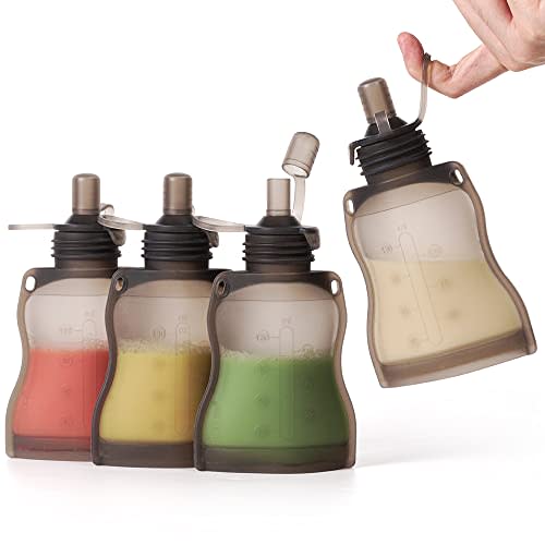 haakaa Reusable Baby Food Pouches Refillable Drink Pouches Yogurt Pouches Juice Pouches Squeeze Pouches for Kids Baby Food Storage Containers, Freeze Safe, 6m+, 4.4oz/130ml, 4pk