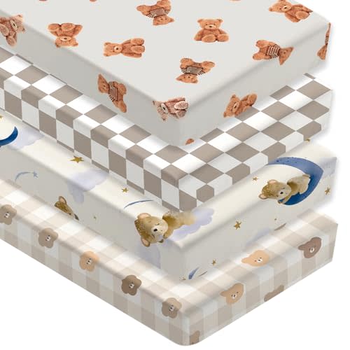 4 Pack Teddy Bear Crib Sheet Set for Boys or Girls, Neutral Soft Breathable Fitted Checkered Crib Sheet, Bear Nursery Decor for Standard Crib and Toddler Bed Mattresses 28 x 52 in