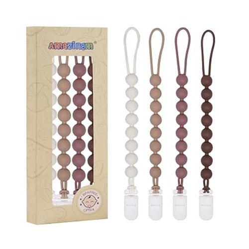 4 Pcs Brown Baby Silicone Teething Pacifier Clip,One-piece Design,Round Shape,Smooth Surface,BPA Free.