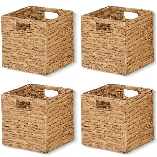11x11x11in Storage Baskets Wicker Cubes Set of 4 Baskets ,Foldable Water Hyacinth Baskets,Handwoven Storage Baskets for Shelves,Kitchen or Outdoor