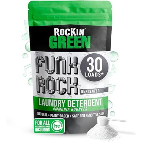 Rockin' Green Laundry Detergent, Plant based, All Natural Laundry Detergent Powder, Vegan and Biodegradable Odor Fighter, Safe for Sensitive Skin (Funk Rock Ammonia Bouncer 30 Loads - Unscented)