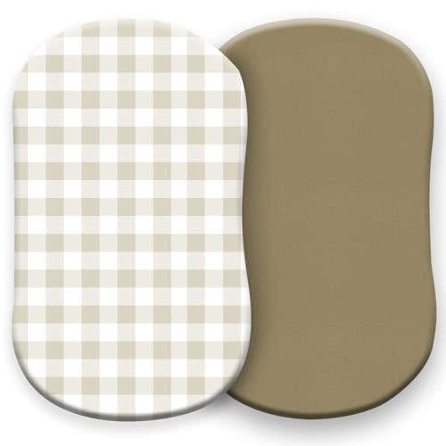 Pobibaby  2 Pack Bassinet Sheets Boy, Bassinet Sheets Cotton for Girls and Neutral Nursery for Standard Rectangle Bassinets  Ultra-Soft Jersey Knit, Safe and Snug for Baby (Gingham Khaki)