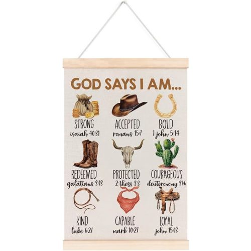 laveliabel God Says I Am Cowboy Poster Hanger Frame, Christian Inspirational Banner Poster with Wood Hanger, Western Cowboy Bible Verse Wall Art Decor for Nursery Kids Room Classroom Playroom, 12x16in