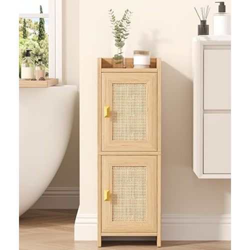 Rattan Small Bathroom Cabinet Narrow Toilet Paper Organizer Oak