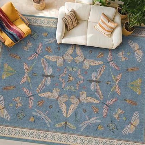 Light Blue Rugs for Dining Room Under Table - 8x10 Washable Area Rugs for Living Room, Bedroom, Kids Room, Playroom, Lage Modern Boho Animal Print Carpet, Ultra Soft Non Slip Stain Resistant