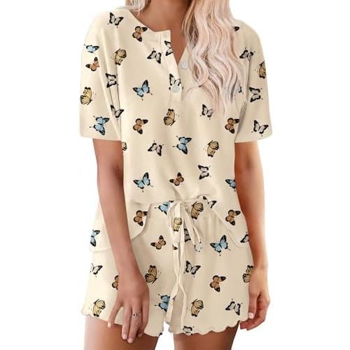 Ekouaer Pajamas Set for Women Short Sleeve Lounge Set 2 Piece Loungewear PJs Soft Cute Lightweight Sleepwear
