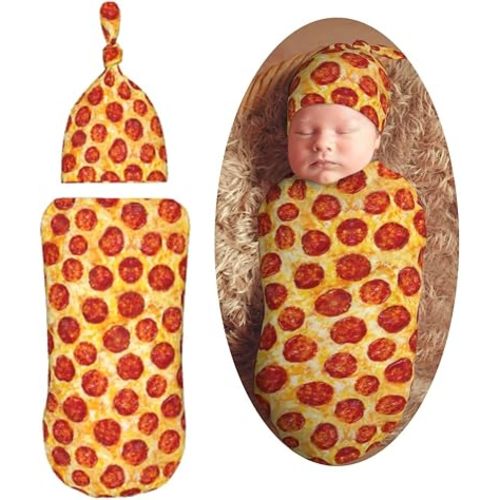 Funny Pepperoni Pizza Food Texture Newborn Swaddle Blankets Hat Sets Soft Baby Receiving Blanket Swaddle Sack for Baby Shower Infant Boy Girl Gift