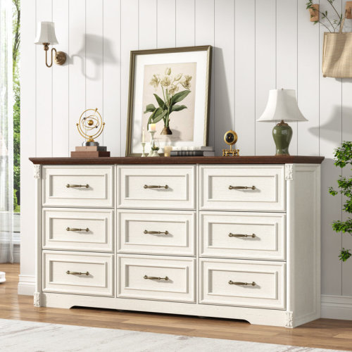 Wrought Studio™ 63" Tall Dresser With 9 Drawers, Embossed Roman Column Design & Wooden Storage For Bedroom Organization | Wayfair