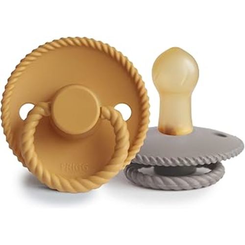 FRIGG Rope Natural Rubber Baby Pacifier | Made in Denmark | BPA-Free (Honey Gold/Portobello, 0-6 Months)