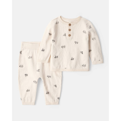 Baby Boy Sheep Print Cotton Long-Sleeve Tee & Pant Set - Ivory