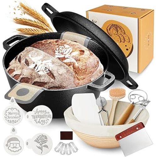 Cast Iron Dutch Oven for Bread Baking, 5QT Cast Iron Bread Pan with Lid, Sourdough Baking Supplies Tools like Banneton Proofing Basket, Bread Dutch Oven