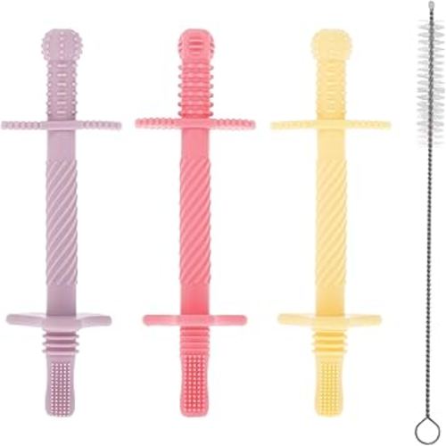Nuby Sensory Silicone Tube Teethers - (3 Pack) Textured Infant and Baby Teether Toys - 3+ Months - Purple, Pink, and Yellow