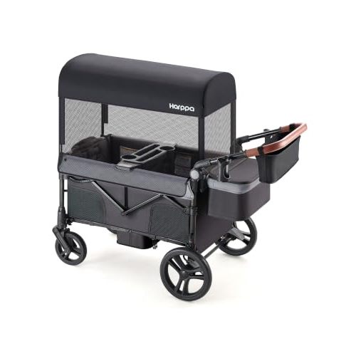 Harppa Remy Wagon Stroller for 2 Kids, 180Ibs Capacity with 2 Seater | Foldable 2 Seater Stroller Wagon with Mosquito Net UPF 50+ Canopy,5-Point Harness, 8''/12''All-Terrain Wheels for Park