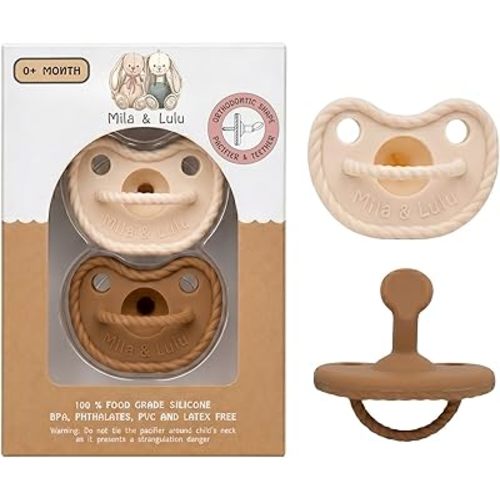 Orthodontic Silicone Pacifiers (Set of 2) – 100% Food-Grade, One-Piece Design, Soft Orthodontic Nipple, Airflow Shield, Multi-Use Pacifier & Soother for 0+ Months - Hazel/Beige - Mila & Lulu
