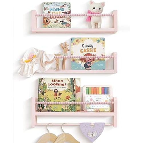 Nursery Book Shelves for Wall Set of 3, Pink Natural Wood Bookshelf Wall Decor, Small Floating Shelf Organizer for Kids Room, Bedroom, Kitchen Spice Rack