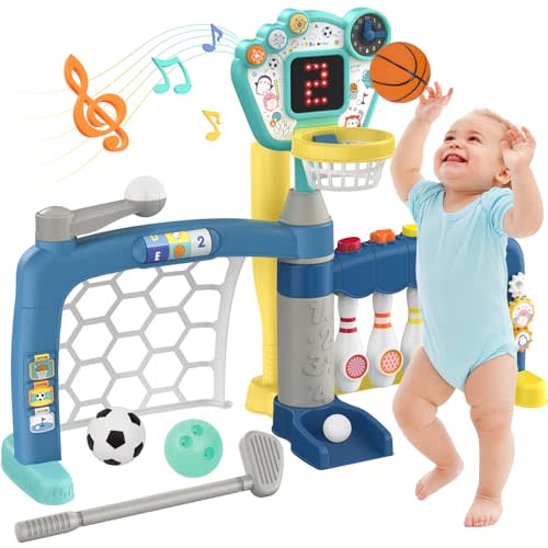 AIGIMU Toddler Sports Toys, 5-in-1 Toddler Basketball Hoop Soccer Bowling Baseball Golf Activity Center, 1 2 3 Year Old Boys Girls Toy, Toys for Toddlers & Baby