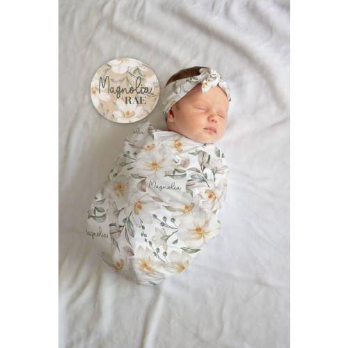 Personalized Magnolia Baby Swaddle Blanket Set: Goose Floral, Name Sign