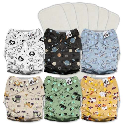 POCKET DIAPER 3.0 WITH INSERTS - 6 PACK(A-Dinosaurs and Farm)