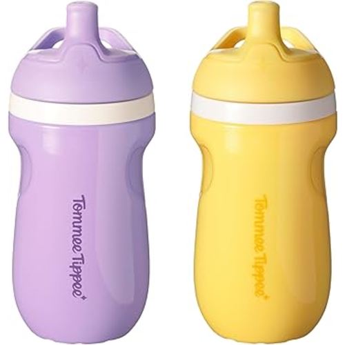 Tommee Tippee Insulated 9oz Sporty Spout Toddler Water Bottle, No Spill, Sippy Cups for Toddlers 1-3, Two-Piece Valve Helps Stop Spills, Yellow & Purple, BPA Free, Pack of 2