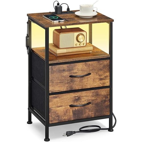 SONGMICS BELLAH Collection - Nightstand with Charging Station and App-Controlled Adjustable LED Lights, Bed Side Table, 2 Drawers and 1 Open Shelf, Bedroom, Rustic Brown and Ink Black ULGS302KD01S