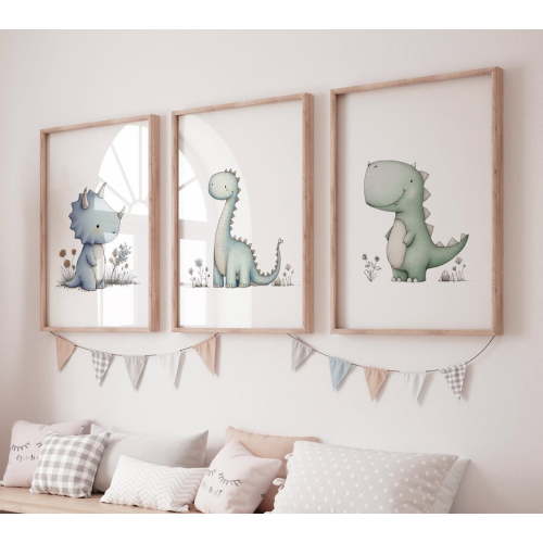 UNFFRAMED Luvia Dinosaur Nursery Wall Art Set of 3, Triceratops Brontosaurus T-Rex Prints, Gender Neutral Baby Room Decor Set 3 Prints 12x18