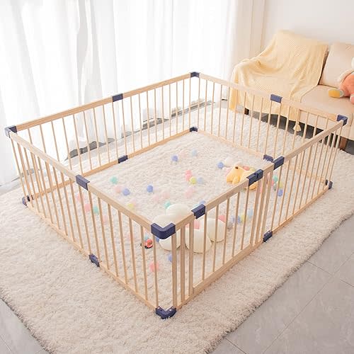 Baby Wooden Playpen, 59 x 71 Inches Solid Wood Playpen, Baby Fence Play Area with Safety Gate, Sturdy Play Yard for Babies and Toddlers, Indoor Safety Play Yard