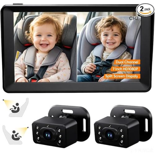 Kidsneed Split Screen Baby Car Camera for 2 Kids, 7 inch HD 1080P Car Baby Monitor with Dual Backseat Cameras, 150° Wide View, 360°Rotation, Night Vision, Rear-Facing Infant Car Seat Mirror