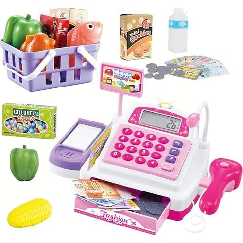 Cash Register Pretend Play Supermarket Shop Toys with Calculator ,Working Scanner,Credit Card ,Play Food ,Money and More(Color May Random)