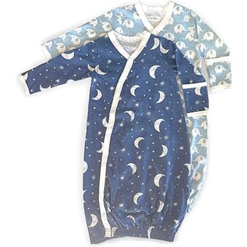 Cambria Baby 100% Organic Kimono Gowns. Side Snaps with Built in Mitts. (Blue Moon and Elephant, 0-6 Months), Boy