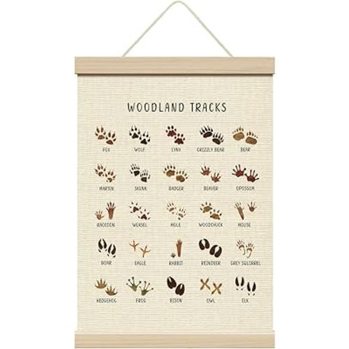 ZEDEV Woodland Tracks Poster Hanger with Wood Frames 12x16 Inches, Forest Animals Canvas Wall Art, Artwork Hanging Kit for Kid Room Nursery Classroom Playroom Living Room Wall Decor-03