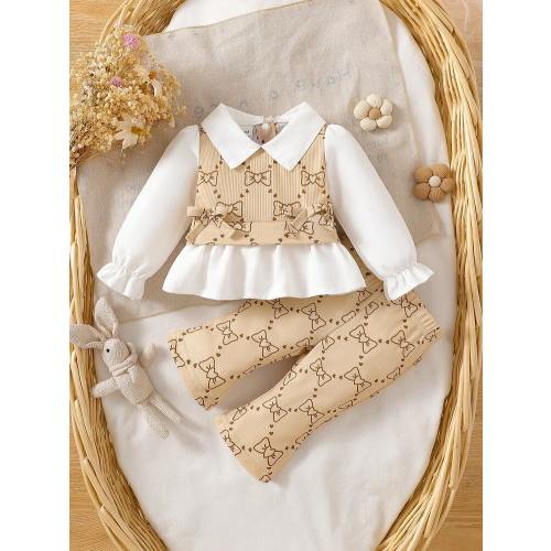 SHEIN 2pcs/Set Newborn Baby Girls Casual Outfit, Collared Color Block Top And Loose Knit Pants Set | SHEIN USA