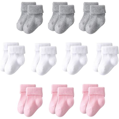 Newborn Socks 10 Pairs, Cotton Baby Turn Cuff Socks 0-3 Months